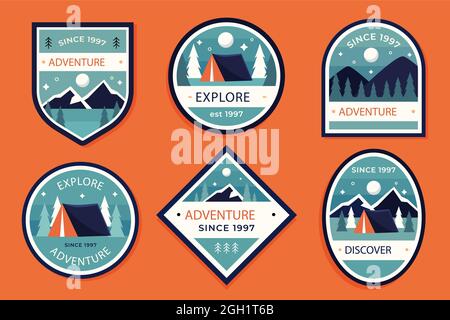 Flache Abenteuer Abzeichen Set Vektor Illustration. Stock Vektor