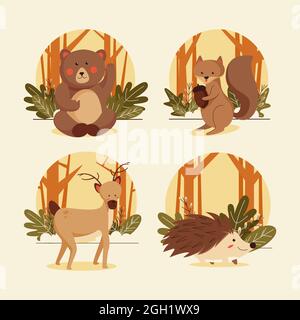 Flache Herbst Tiere Set Vektor-Illustration. Stock Vektor