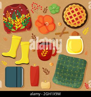 Herbst Essentials Vektor flache Illustration Strickmode, Kuchen, Regen Stiefel, Getränk, Notebook, Karli, Honig, Kerzen, Kürbisse. Stock Vektor