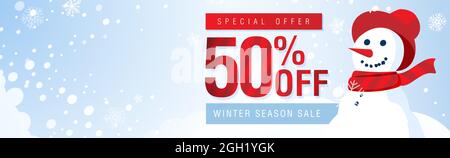 Winter Sale Angebot Web-Banner. Rote, weiße und hellblaue Vorlage für Ihr Design. Sparen Sie bis zu 50 %. Horizontale dynamische Komposition Stock Vektor