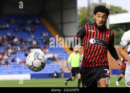 Birkenhead, Großbritannien. September 2021. Tyler Burey von Hartlepool vereint in Aktion. EFL Skybet Football League Two Match, Tranmere Rovers gegen Hartlepool Utd FC im Prenton Park, Birkenhead, Wirral am Samstag, 4. September 2021. Dieses Bild darf nur für redaktionelle Zwecke verwendet werden. Nur zur redaktionellen Verwendung, Lizenz für kommerzielle Nutzung erforderlich. Keine Verwendung bei Wetten, Spielen oder Veröffentlichungen in einem Club/einer Liga/einem Spieler.PIC von Chris Stading/Andrew Orchard Sports Photography/Alamy Live News Credit: Andrew Orchard Sports Photography/Alamy Live News Stockfoto