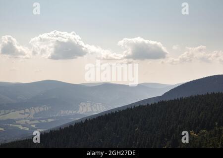 Blick auf die Bergkette und den Himmel vom Berggipfel Serak am Sommertag. Natur im Nationalpark Jeseniky, Tschechische Republik Stockfoto