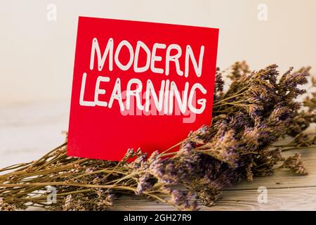 Handschriftenschild Modern Learning, Internet-Konzept Flexible und agile Einrichtung innovative Lernumgebungen Blank Piece of Sticky Note placed on Top Stockfoto