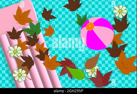 Ästhetische HERBSTTAPETE. Herbststimmung. Ende der Sommersaison. Set aus bunten Blättern und weißen Blüten. Aufblasbare Matratze und ein Ball. Stockfoto