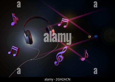 Kopfhörer und Musiknoten auf dunklem Hintergrund. 3d-Illustration. Stockfoto