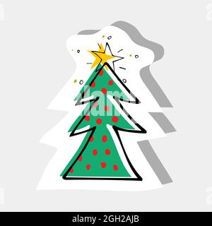 Handgezeichnete Illustrationen mit farbenfrohem Weihnachtsbaum, roten Kugeln und gelbem Stern. Stock Vektor