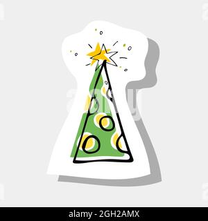 Handgezeichnete Illustrationen mit buntem Weihnachtsbaum und Stern für Aufkleber, Druck, Poster, Kartendesign. Stock Vektor