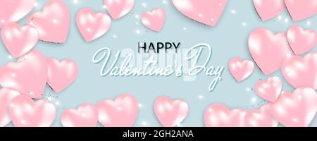 Valentinstag-Banner mit leuchtenden Lichtern und Herzen auf blauem Hintergrund. Valentinskarte. Stock Vektor