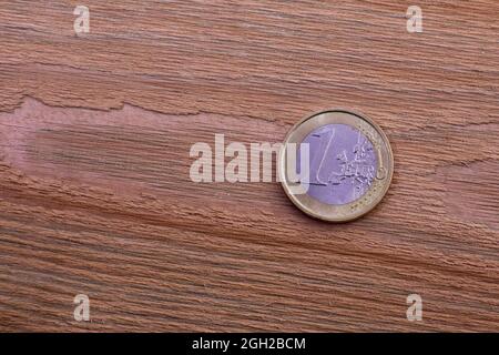 Nahaufnahme einer Euro-Münze auf einem Holztisch. Wirtschaft, Wachstum und Unternehmen. Stockfoto