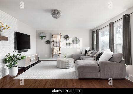 Ein wunderschönes, gemütliches Wohnzimmer mit einer weißen Ziegelwand, einem Fernseher, Blumentöpfen an der Wand und einer Couch. Stockfoto