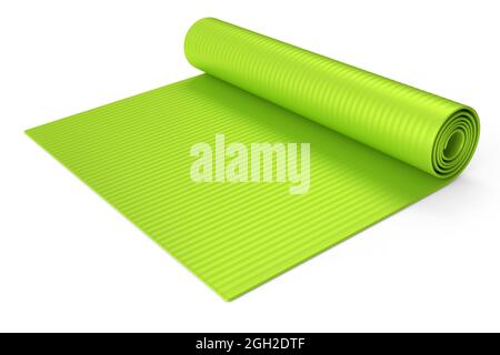 Grüne Yogamatte oder leichte Schaumstoff-Campingbett-Rollauflage isoliert auf weißem Hintergrund. 3d-Rendering von Sportgeräten für Fitness, Yoga und Active Wor Stockfoto