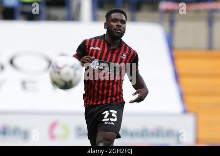 Birkenhead, Großbritannien. September 2021. Zaine Francis-Angol von Hartlepool vereint in Aktion. EFL Skybet Football League Two Match, Tranmere Rovers gegen Hartlepool Utd FC im Prenton Park, Birkenhead, Wirral am Samstag, 4. September 2021. Dieses Bild darf nur für redaktionelle Zwecke verwendet werden. Nur zur redaktionellen Verwendung, Lizenz für kommerzielle Nutzung erforderlich. Keine Verwendung bei Wetten, Spielen oder Veröffentlichungen in einem Club/einer Liga/einem Spieler.PIC von Chris Stading/Andrew Orchard Sports Photography/Alamy Live News Credit: Andrew Orchard Sports Photography/Alamy Live News Stockfoto
