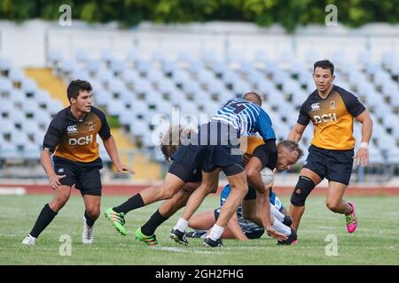 KHARKIV, UKRAINE - 4. SEPTEMBER 2021: Das Rugby-Spiel der ukrainischen Meisterschaft RC Olymp gegen Polytechnic Stockfoto