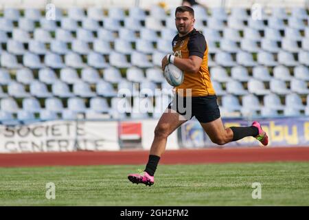 KHARKIV, UKRAINE - 4. SEPTEMBER 2021: Das Rugby-Spiel der ukrainischen Meisterschaft RC Olymp gegen Polytechnic Stockfoto