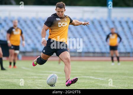 KHARKIV, UKRAINE - 4. SEPTEMBER 2021: Das Rugby-Spiel der ukrainischen Meisterschaft RC Olymp gegen Polytechnic Stockfoto