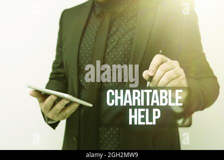 Konzeptionelle Anzeige der Wohltätigkeitshilfe. Konzept bedeutet System des Gebens von Geld oder Hilfe frei für diejenigen, die in Not präsentiert neue Technologie-Ideen sind Stockfoto