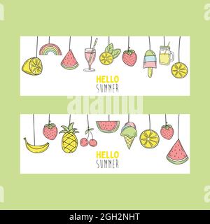 Handgezeichnete Sommer-Elemente für Banner-Design. Karte im Doodle-Stil auf Weiß. Satz horizontaler Banner. Set von Sommercocktails mit Strichzeichnung Stock Vektor