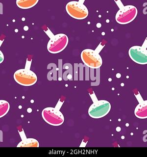 Flaschen mit Gift auf violettem Hintergrund. Cartoon Nahtloses Muster. Endlose Textur Stock Vektor