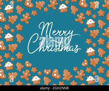 Vorlage Frohe Weihnachten. Im Hintergrund ist ein Muster aus weihnachtlichen Lebkuchen zu sehen. Neujahrsbanner, isoliert auf Weiß im Cartoon-Stil Stock Vektor