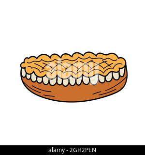 Handgezeichnetes Doodle Thanksgiving-Symbol - traditioneller Apfelkuchen mit oberer Kruste, isoliert auf weißem Hintergrund. Vektorgrafik Stock Vektor