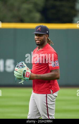 Denver CO, USA. September 2021. Atlanta Pitcher Touki Tossaint (62) während des Vorspiels mit Atlanta Braves und Colorado Rockies im Coors Field in Denver Co. David Seelig/Cal Sport Medi. Kredit: csm/Alamy Live Nachrichten Stockfoto