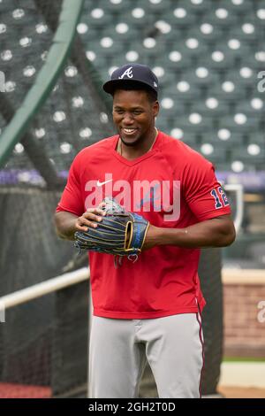 Denver CO, USA. September 2021. Atlanta Rechtsfeldspieler Jorge Soler (12) während des Vorspiels mit Atlanta Braves und Colorado Rockies im Coors Field in Denver Co. David Seelig/Cal Sport Medi. Kredit: csm/Alamy Live Nachrichten Stockfoto