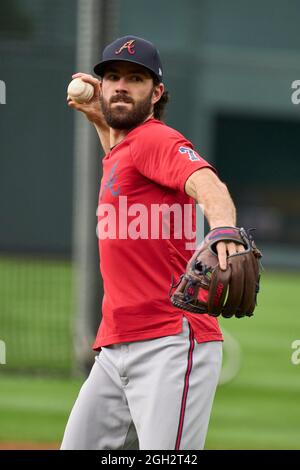 Denver CO, USA. September 2021. Atlanta Shortstop Dansby Swanson (7) während des Vorspiels mit Atlanta Braves und Colorado Rockies im Coors Field in Denver Co. David Seelig/Cal Sport Medi. Kredit: csm/Alamy Live Nachrichten Stockfoto