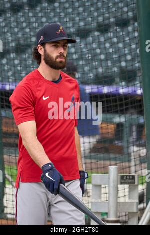 Denver CO, USA. September 2021. Atlanta Shortstop Dansby Swanson (7) während des Vorspiels mit Atlanta Braves und Colorado Rockies im Coors Field in Denver Co. David Seelig/Cal Sport Medi. Kredit: csm/Alamy Live Nachrichten Stockfoto