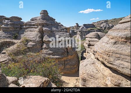 Felsformationen schriftlich über Stone Provincial Park, Alberta, Kanada Stockfoto