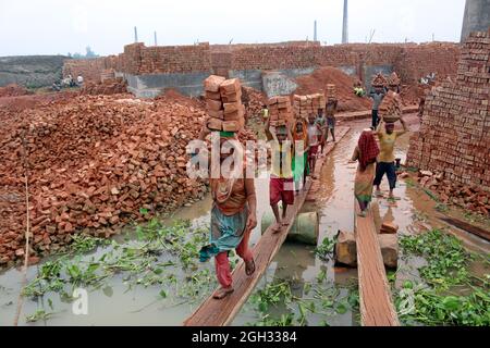 DHAKA, BANGLADESCH, 4. SEPTEMBER: Arbeiter halten Ziegelsteine auf dem Kopf, nachdem sie sie aus den Öfen genommen haben, während sie auf einem Brett den Fluss überquert, um sie auf der anderen Seite bei einem Mauerwerk unterzubringen, um die Ziegelsteine für Bauunternehmen außerhalb von Dhaka zu verteilen. Ziegelfeldarbeiter arbeiten 7 Tage die Woche und werden 350 BDT (4.37 Dollar) pro Tag bezahlt, die Besitzer jeder Ziegelfabrik beschäftigen zwischen 100-200 Arbeiter und arbeiten während der Trockenzeit von Sonnenaufgang bis Sonnenuntergang. Am 4. September 2021 in Dhaka, Bangladesch. (Foto von Habibur Rahman/Eyepix Group/Sipa USA) Stockfoto