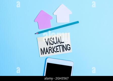 Textunterschrift mit visuellem Marketing. Geschäftsansatz die Geschichte Ihrer Marke oder Ihres Produkts durch Kreation erzählen Anzeige von Sticker in verschiedenen Farben Stockfoto