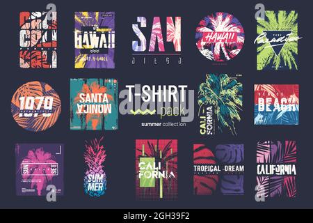 Kollektion von vierzehn bunten Vektor-T-Shirt-Sommerdesigns, Prints, Illustrationen Stock Vektor