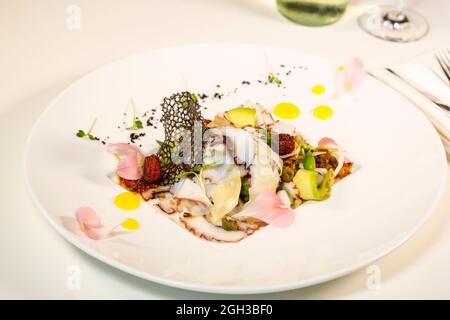 Salat aus Avocado mit Oktopus und Parmesan. Stockfoto