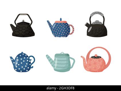 Küche Teekannen Set Cartoon Stil Vektor Illustration. Küchenutensilien. Wunderschönes Haushaltsgerät zum Brühen von Tee Stock Vektor
