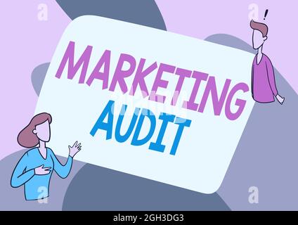 Inspiration mit Zeichen Marketing Audit. Konzept Bedeutung Untersuchung und Analyse der Marketingaktivitäten Lady Illustration mit Exploratory Stockfoto