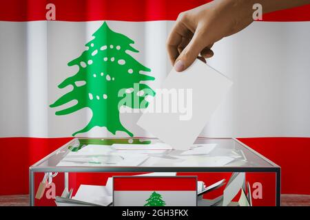 Libanesische Flagge, Hand Drop Stimmzettel in eine Box - Abstimmung, Wahlkonzept - 3D-Illustration Stockfoto