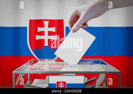 Slovakia Flagge, Hand Drop Stimmzettel in eine Box - Abstimmung, Wahlkonzept - 3D-Illustration Stockfoto