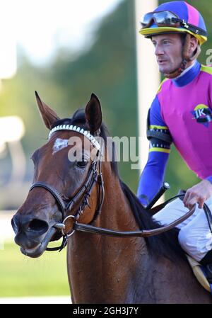 Saratoga Springs, Usa. September 2021. War Like Goddess, geritten von Julian Leparoux, gewinnt am Samstag, den 4. September 2021, den Flower Bowl (Gr.I) auf der Rennstrecke Saratoga Race in Saratoga Springs, New York. Foto von Mark Wyville/UPI Credit: UPI/Alamy Live News Stockfoto