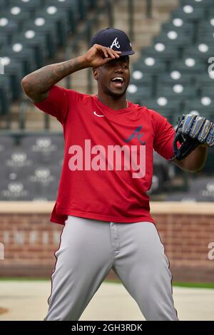 Denver CO, USA. September 2021. Atlanta Rechtsfeldspieler Jorge Soler (12) während des Vorspiels mit Atlanta Braves und Colorado Rockies im Coors Field in Denver Co. David Seelig/Cal Sport Medi. Kredit: csm/Alamy Live Nachrichten Stockfoto