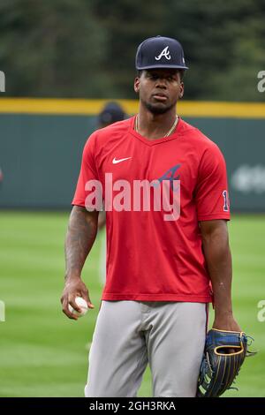 Denver CO, USA. September 2021. Atlanta Rechtsfeldspieler Jorge Soler (12) während des Vorspiels mit Atlanta Braves und Colorado Rockies im Coors Field in Denver Co. David Seelig/Cal Sport Medi. Kredit: csm/Alamy Live Nachrichten Stockfoto