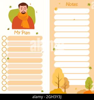 Set - Herbstplaner mit bärtigen Mann im Schal und Herbstlaub vor Hintergrund mit Herbstlandschaft. Satz vertikaler Vorlagen Mein Plan und Nein Stock Vektor