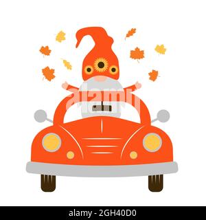 Herbst Retro Auto und niedlichen Herbst Gnome. Vektor-Vorlage für Thanksgiving-Karte, Banner, Typografie Poster, Flyer, etc. Stock Vektor