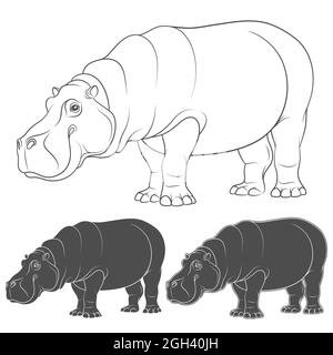 Set von Schwarz-Weiß-Illustrationen mit einem Nilpferd. Isolierte Vektorobjekte auf weißem Hintergrund. Stock Vektor