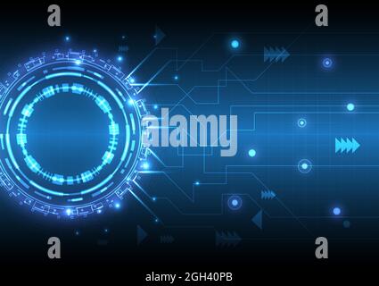 Futuristisches Sci-Fi-leuchtendes HUD-Element, Dateningenieur und Leiterplatte. Abstrakter Hi-Tech-Partikelhintergrund. Hologramm und Head-up-Display. Stock Vektor