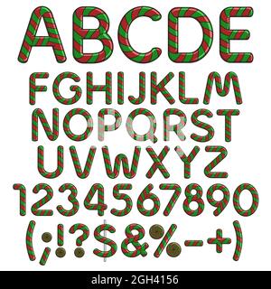 Alphabet, Buchstaben, Zahlen und Zeichen von weihnachtlichen roten und grünen Süßigkeiten. Isolierte Vektorobjekte auf Weiß. Stock Vektor