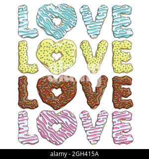 Set von bunten leckeren Inschriften Liebe von Donuts. Isolierte Vektorobjekte auf weißem Hintergrund. Stock Vektor
