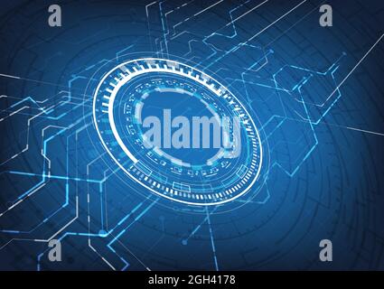 Futuristisches Sci-Fi-leuchtendes HUD-Element, Dateningenieur und Leiterplatte. Abstrakter Hi-Tech-Partikelhintergrund. Perspektivische Hologramme und Head-up-Anzeige Stock Vektor