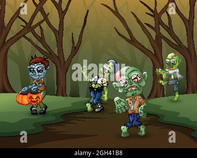 Kleiner Zombie, der an halloween auf dem Wald herumläuft Stock Vektor