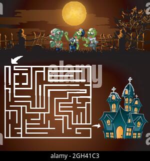 Halloween Labyrinth-Spiele finden die Zombies, um das Geisterhaus Stock Vektor