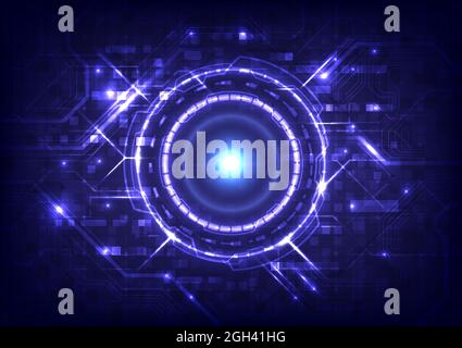Futuristisches Sci-Fi-leuchtendes HUD-Element, Dateningenieur und Leiterplatte. Abstrakter Hi-Tech-Partikelhintergrund. Hologramm und Head-up-Display. Stock Vektor